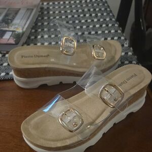 Pierre Dumas Clear Sandals with Gold Buckles